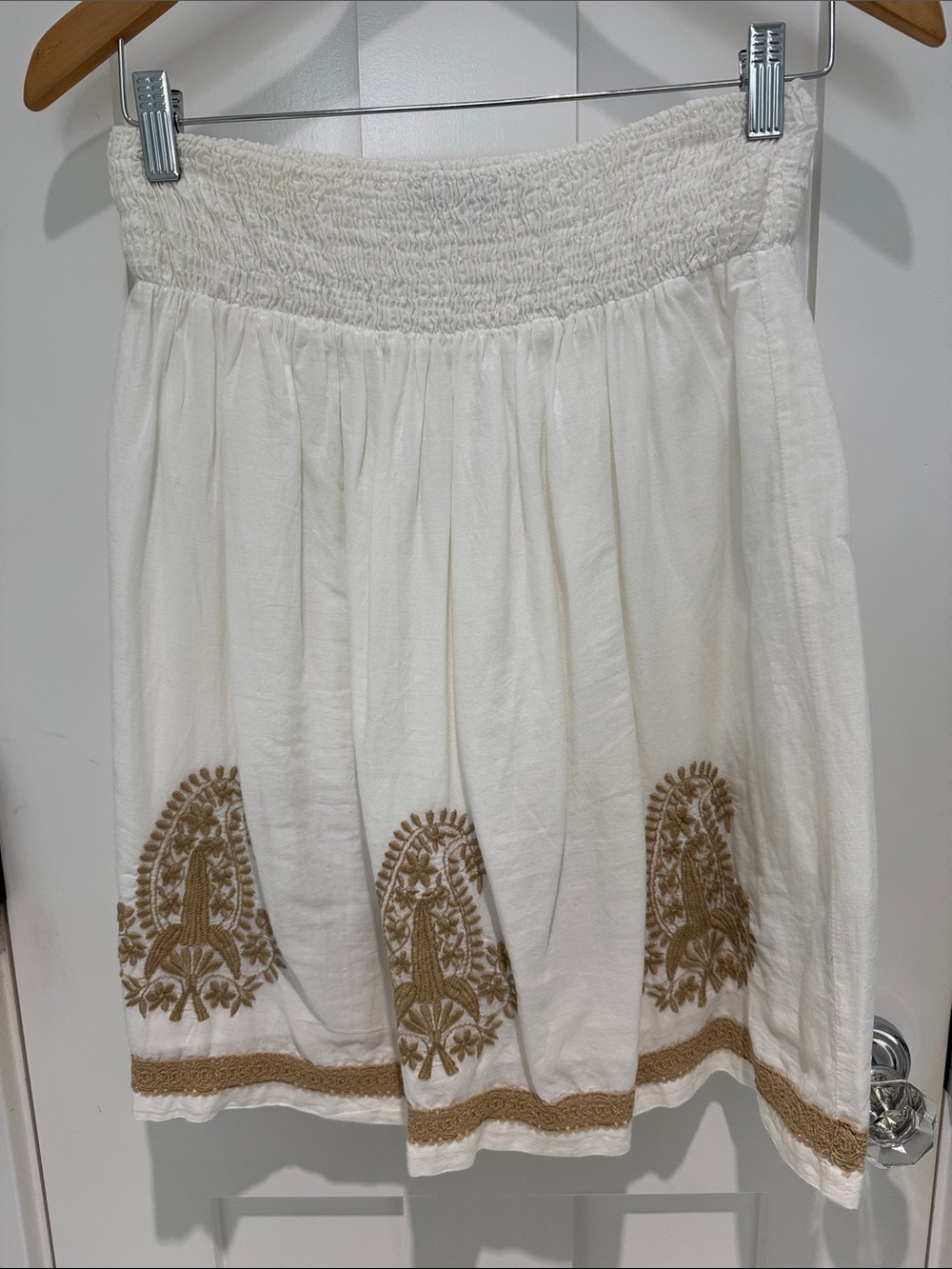 Zara White A-Line Lightweight Lined Skirt with Tan Embroidery